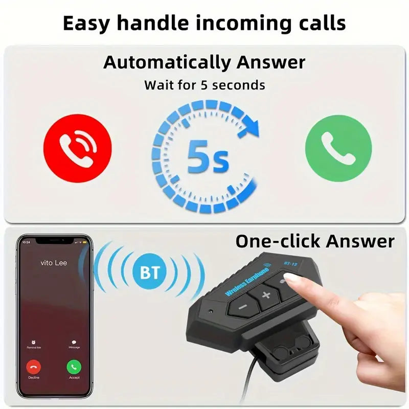 KEBIDU Motorcycle Wireless Helmet Headset – Bluetooth 5.0, Noise-Canceling Microphone, Type-C Charging, Smart Voice Control (No Intercom Function)