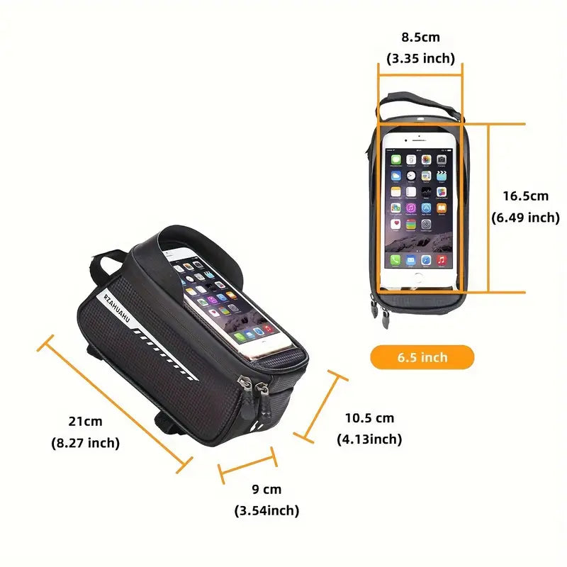 Bicycle Frame Bag with TPU Touchscreen Phone Holder – Waterproof Storage Pouch for Mountain & Road Bikes, Fits Phones up to 7"