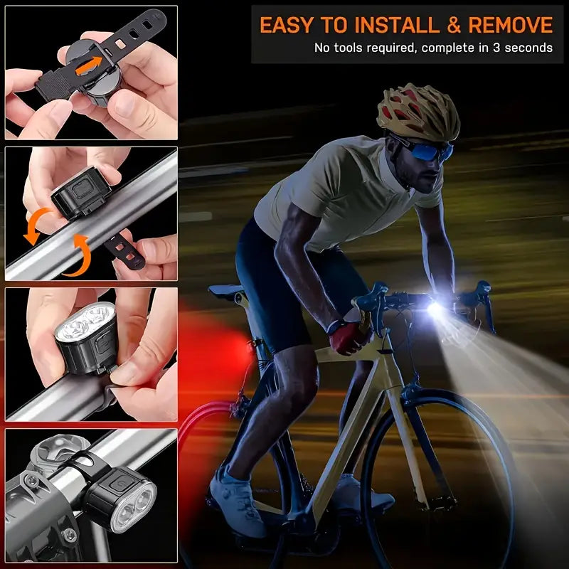 Bike Headlight & Taillight Set (2pcs) – USB Charging, Super Bright LED, Brake Sensor Rear Light, Easy Handlebar Installation