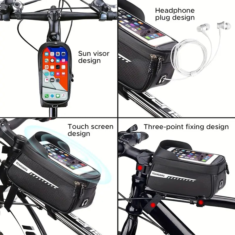 Bicycle Frame Bag with TPU Touchscreen Phone Holder – Waterproof Storage Pouch for Mountain & Road Bikes, Fits Phones up to 7"
