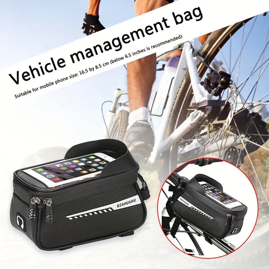 Bicycle Frame Bag with TPU Touchscreen Phone Holder – Waterproof Storage Pouch for Mountain & Road Bikes, Fits Phones up to 7"
