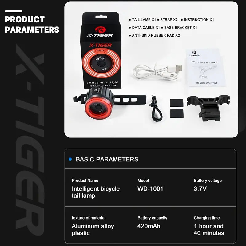 X-TIGER Intelligent Bicycle Tail Light – Automatic Brake Sensor, USB Rechargeable LED, IPX5 Waterproof Rear Bike Light