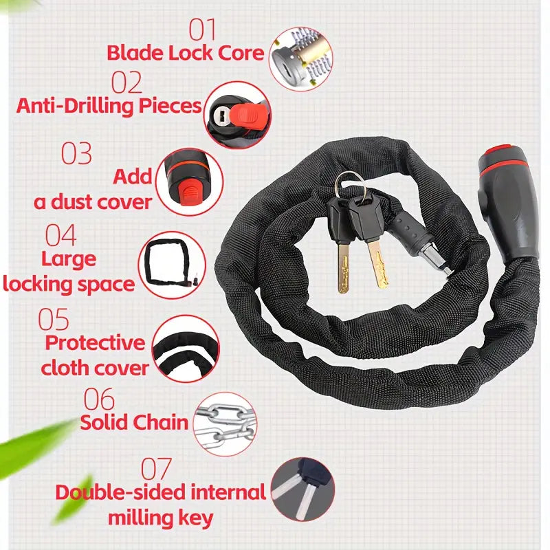Heavy-Duty Bike Chain Lock – Anti-Theft Security for Bicycles, Motorcycles, Scooters & Doors, Includes 2 Keys