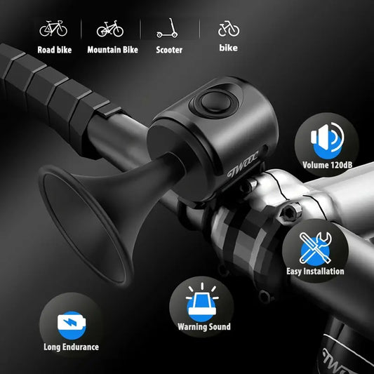 120dB Electric Bike Horn – Loud Bicycle Bell Sound, Battery Powered, IPX4 Waterproof, Fits Road Bikes, Mountain Bikes & Scooters