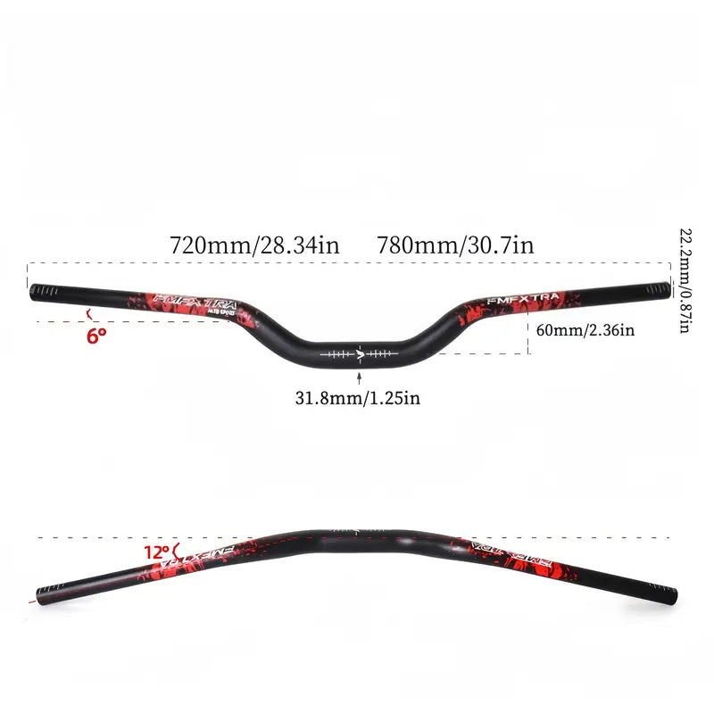 Mountain Bike Handlebars – Aluminum Alloy, 60mm Lift, 12° Incline, 720/780mm Length Options, Ergonomic Grip, Multiple Colors