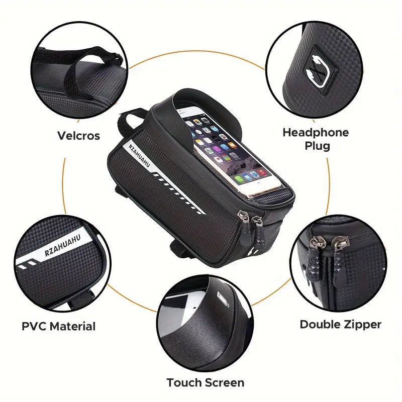Bicycle Frame Bag with TPU Touchscreen Phone Holder – Waterproof Storage Pouch for Mountain & Road Bikes, Fits Phones up to 7"
