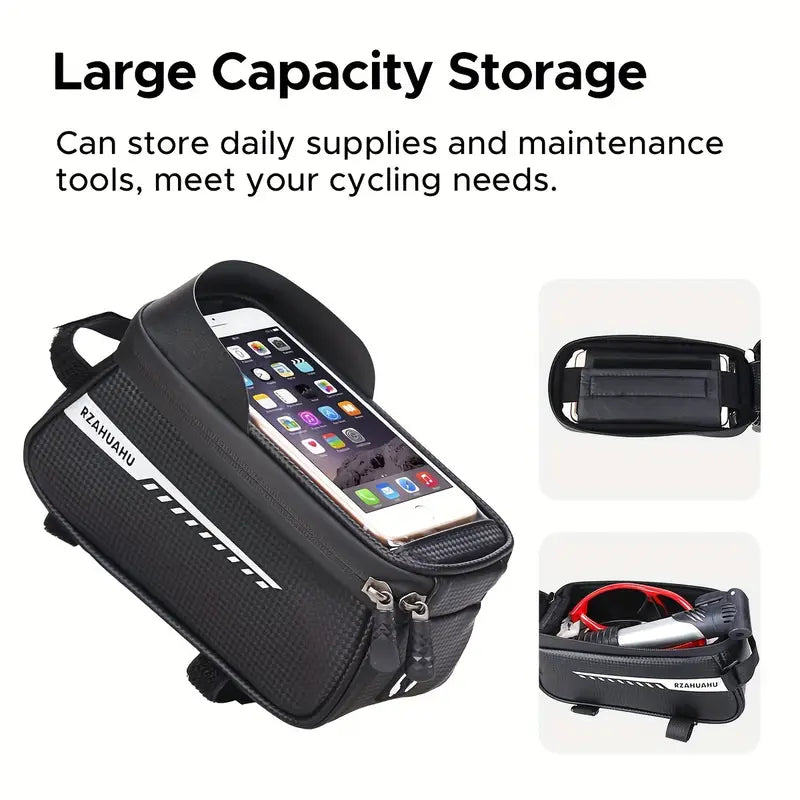 Bicycle Frame Bag with TPU Touchscreen Phone Holder – Waterproof Storage Pouch for Mountain & Road Bikes, Fits Phones up to 7"
